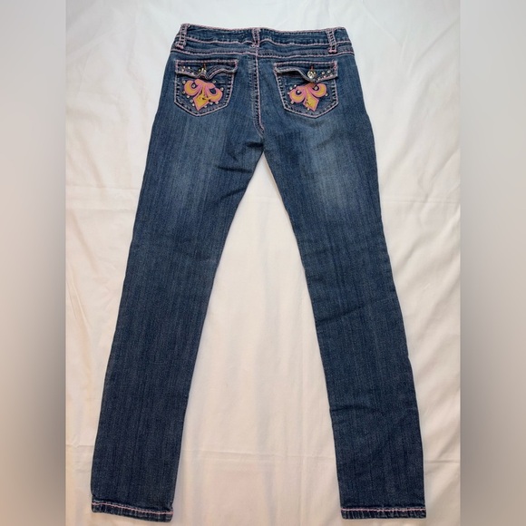 Miss Chic Vintage Size 7 Dark Wash Pink Accent Low Rise Skinny Jeans - Picture 11 of 12